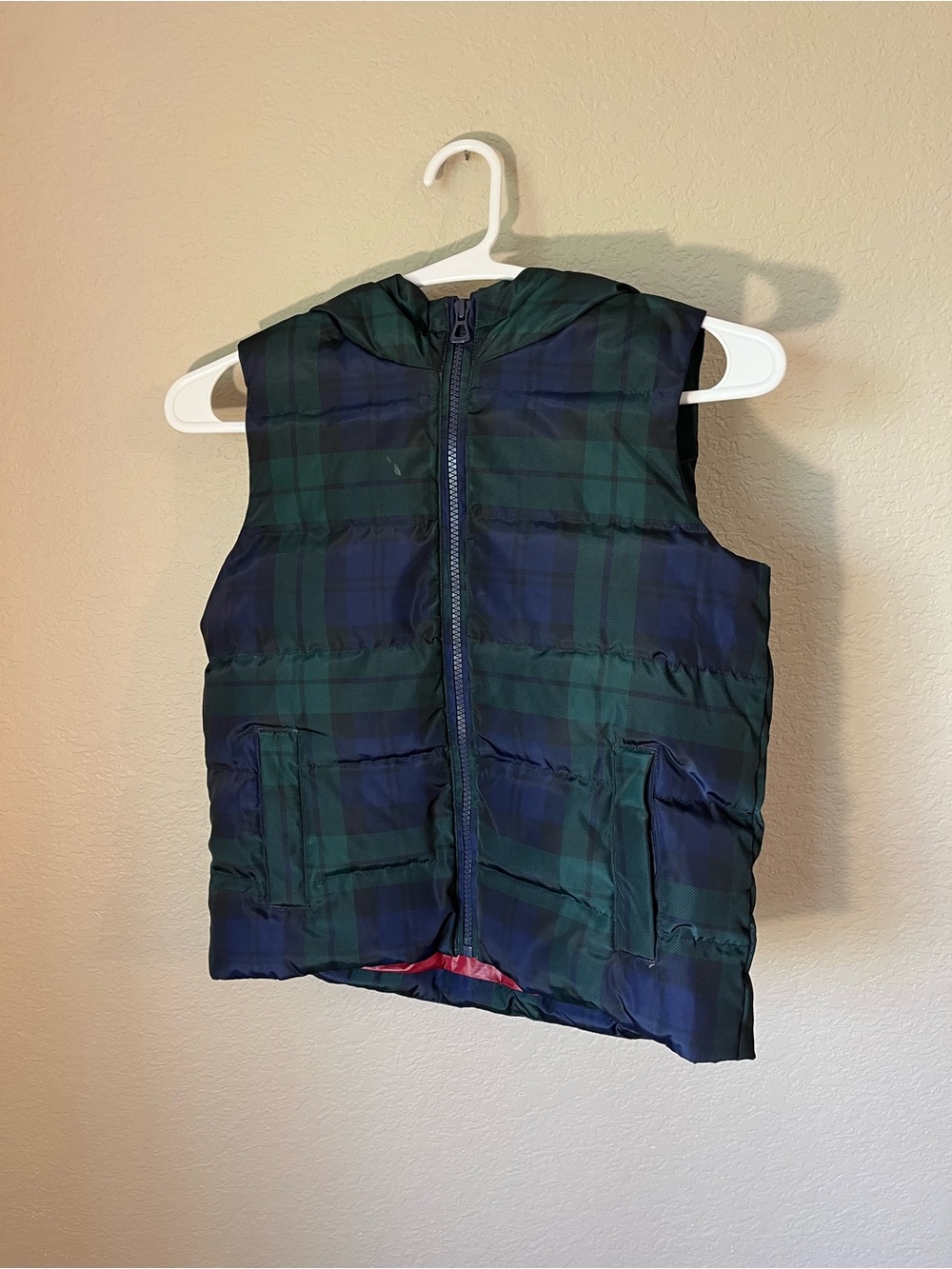 Lands’ End Kids M 5-6 Green Navy Plaid Hooded Puffer Vest Preppy Tartan